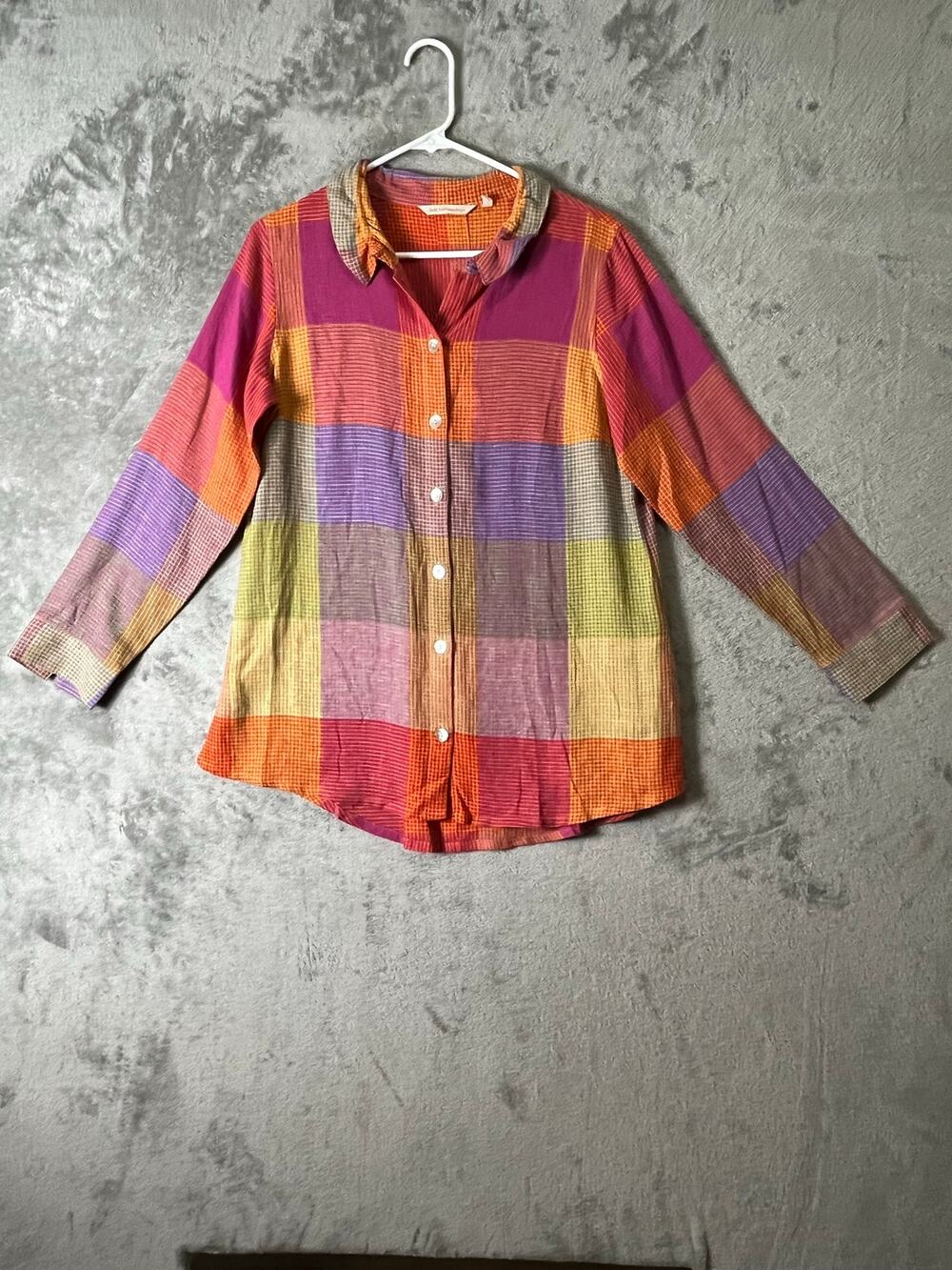 Soft Surroundings Galina Madras Plaid Linen Blend Tunic Blouse Multicolor Small
